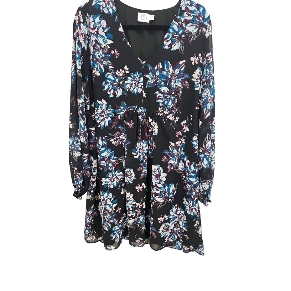 TIME & Tru Plus Size Long Sleeve Black Floral V-Neck Dress Size XXL (20) NWT